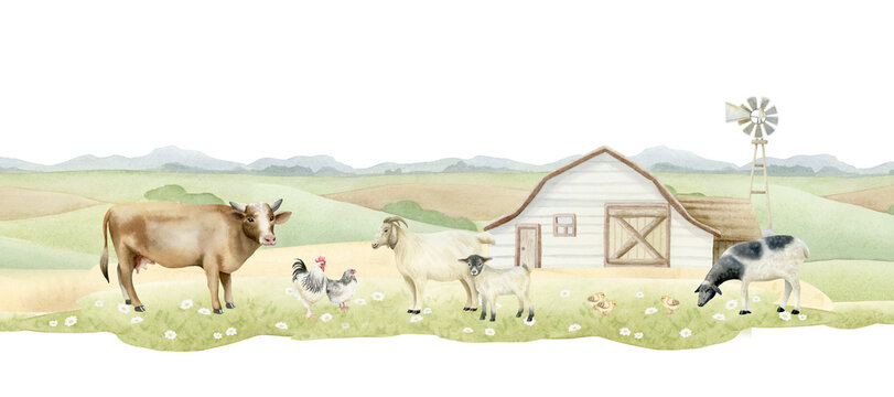 Watercolor farm landscape with cow, goats, sheep, rooster and chickens isolated illustration. Hand drawn grazing animals on green grass meadow with wooden barn. Countryside green hills clip art