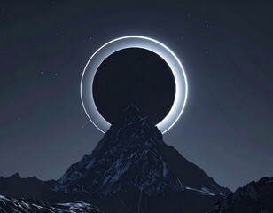 Surreal Solar Eclipse Over Dramatic Pixelated Mountain Peak With Glowing Halo Against Starry Night Sky