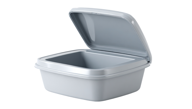 Light gray, square plastic container with a hinged lid.  The lid is open, revealing an empty interior.  The container has a smooth, slightly glossy surface