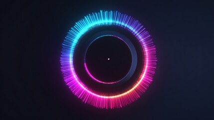 A vibrant visual representation of sound waves in a circular form, blending colors of blue and pink.