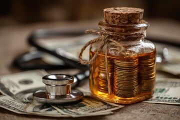 Medical costs; coins in a jar; stethoscope and money