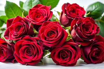 Obraz premium A lush bouquet of deep red roses with vibrant green leaves