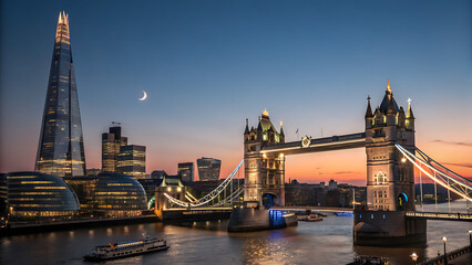 Obraz premium Historic stone bridge at dusk, featuring a cobblestone pathway leading towards a city skyline. 