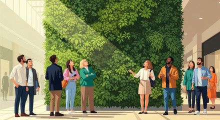 Obraz premium People gathered around a large indoor vertical garden, looking at and interacting with it.