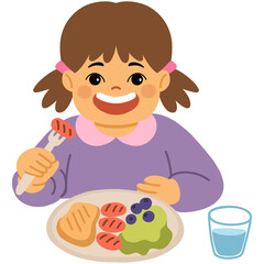 Hand drawn cart Illustration of a girl eating breakfast 