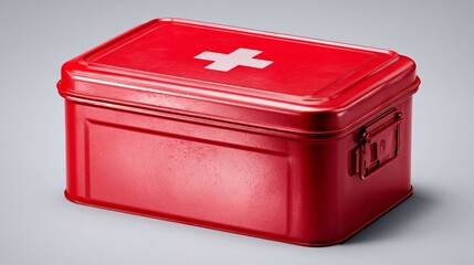 A bright red first aid kit with a white cross symbol, symbolizing safety and preparedness for emergencies.
