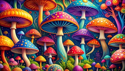 Psychedelic decorative mushrooms with bold colors, swirling patterns, and surreal fantasy vibes — perfect for trippy wallpapers