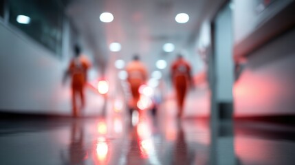 Blurred image of three individuals in orange uniforms walking in a corridor, evoking a sense of confinement.