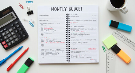 Overhead shot of a monthly budget planner with office supplies arranged around it.