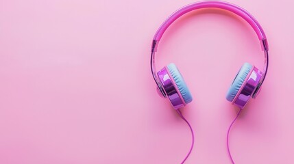 Personal compact portable CD player disks purple headphones on a pink background.