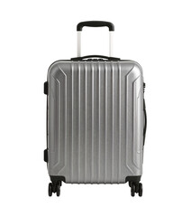 Silver metallic suitcase, luggage for travel to vacation, baggage for adventure, trip, journey, tourism.