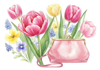 春色のチューリップとピンクの財布 水彩画風イラストレーション