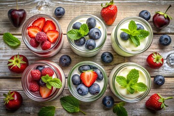 Fresh berry yogurt parfaits with mint and creamy layers on a wooden table