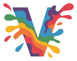 Obraz premium Colorful splash paint letter V on black background in rainbow vector style