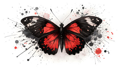 Black and red butterfly with ink splatter effect insect