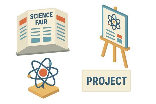 Science fair project icons set. Isometric vector illustration of science fair display board, presentation poster on tripod easel, 3D atom model, project concept, education event preparation