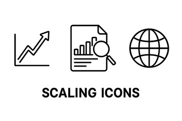Outline Scaling and Growth Icons Set. Upward Arrow Graph, Market Research Document, Global Expansion, Business Growth Strategies, Trend Analysis, Financial Success, Globalization. Vector Illustration.