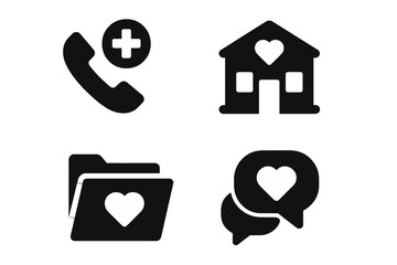 School Support Services Vector Icons Set. Solid Black Filled Symbols for Phone Helpline, Wellness Office, Mental Health, Counseling Chat, Heart Folder, School Assistance, Emotional Wellbeing