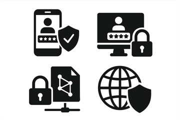 Cybersecurity icon set. Secure login, two-factor authentication, data encryption, VPN protection, digital privacy, online safety, password security, network shield. Solid vector illustration.