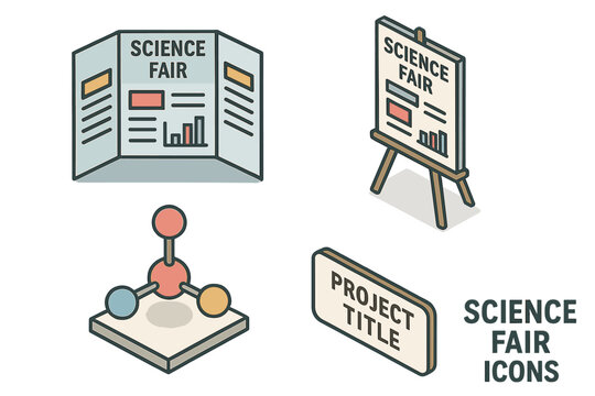 Science Fair Presentation Icons Set. Isometric Vector of Poster Board, Tripod Display, 3D Molecular Model, Project Sign. School Research, STEM Education, Project Display Elements, Science Exhibition