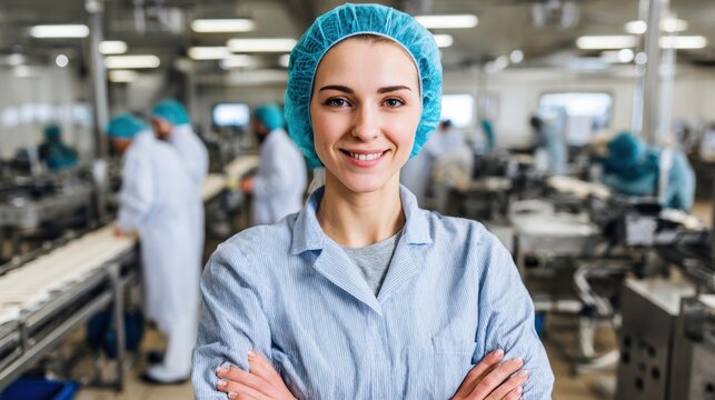 Confident woman in a factory setting wearing a hairnet, showcasing professionalism and dedication in her work.