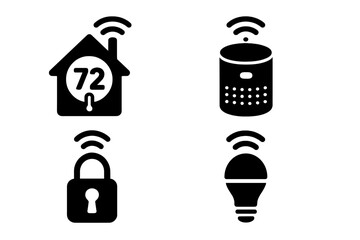 Obraz premium Smart home devices vector icon set. Solid filled black icons illustrating smart thermostat, smart speaker, smart lock, and smart lightbulb. Wireless internet home automation technology illustration.