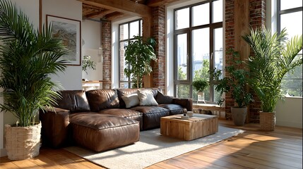Obraz premium Cozy Loft Interior with Leather Sofa and Sunlight Filtering Through Windows