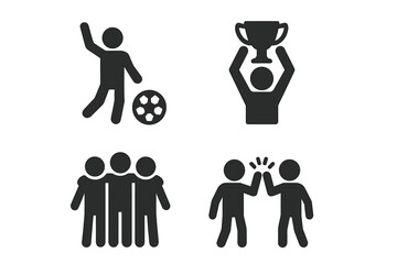Soccer Celebration Pictograms. Goal Scoring, Trophy Lifting, Team Huddle, High Five Icons. Winning Moments, Sportsmanship, Teamwork, Success, Victory. Solid Vector Set for Sports Design