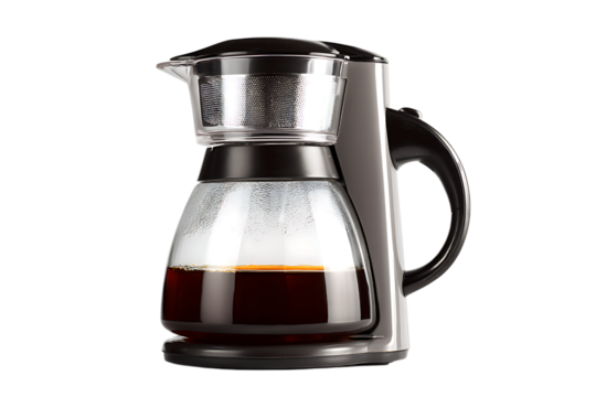 Sleek modern coffee maker with rich dark coffee, ready for your morning brew.