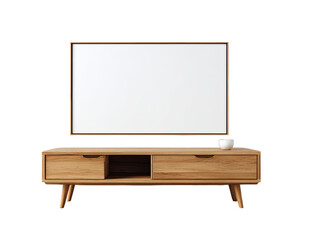Empty TV mounted above light wooden media console