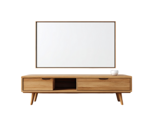 Empty TV mounted above light wooden media console