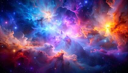Fototapeta premium Vibrant galaxy cloud nebula bursting with cosmic colors — purples, blues, and fiery oranges — set against a starlit night sky. Ethereal space dust, glowing stars