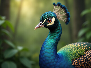 Obraz premium Close-up of a Javan Green Peafowl with a Detailed Crest and Iridescent Neck