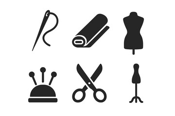 Obraz premium Sewing tools vector icons set. Needle and thread, fabric roll, dressmaker mannequin, pincushion, tailoring scissors, solid silhouette sewing symbols for fashion design, garment making, and tailoring.