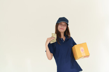 Beautiful delivery girl in blue shirt on white wall background