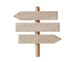 Three wooden signs on a post, light beige color, simple design, indicating directions