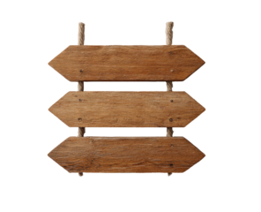 Three weathered wooden directional signs, layered, hanging