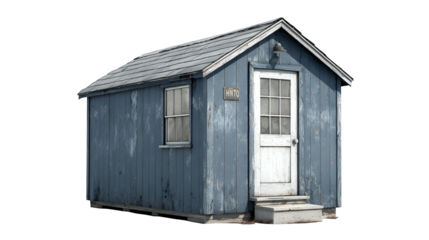 A backyard shed with a single window and closed door, isolated on a Transparent background