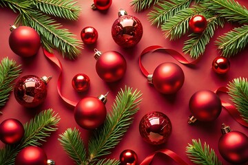 Festive red christmas ornaments and green fir branches arranged on a red background