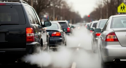 Cars emitting smoke in traffic on a city street