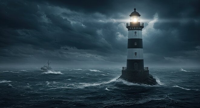 Striking Lighthouse with Stormy Blue Sky and Rough Ocean Waters