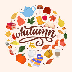 Autumn circular frame with fall colorful elements Leaves mushrooms clothes tea