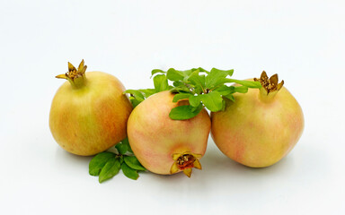 The captivating crimson of ripe pomegranates (Punica granatum), an unparalleled source of antioxidants, isolated on a white background for a striking design