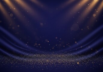 Abstract dark blue background with golden glitter and spotlights for decoration