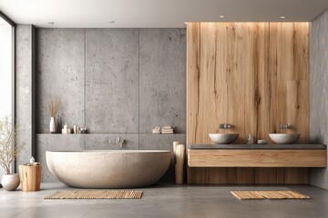 Modern spa-like bathroom with concrete and wood