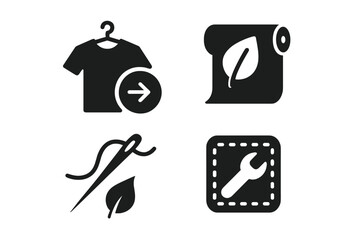 Sustainable fashion icons set, solid filled vector illustrations of eco-friendly clothing, secondhand shirt, organic fabric roll, sewing needle, garment repair tools, green textile concepts