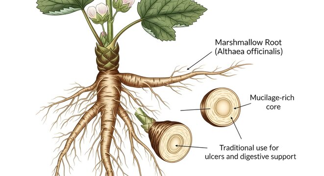 Illustration of Marshmallow Root, showing its core and root structure, with medicinal applications highlighted