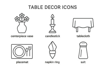 Table Decor Icons Set. Outline Vector Illustrations of Centerpiece Vase with Flowers, Candlestick, Tablecloth, Placemat, Napkin Ring, Salt Shaker. Dining Table Decoration Elements. Editable Stroke.