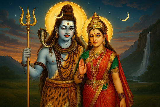 Divine Harmony of Shiva and Parvati, the Celestial Couple, in a mountainous landscape.