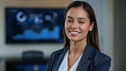 Confident and Smiling Businesswoman in a Modern Office Setting with Data Analytics Display - Powered by Adobe